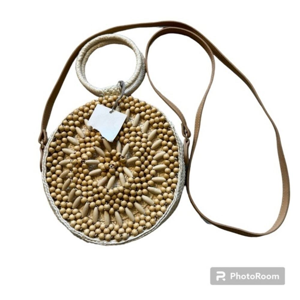 A New Day Boho Round Crossbody Handle Bag Beaded Straw Neutral Tan Purse